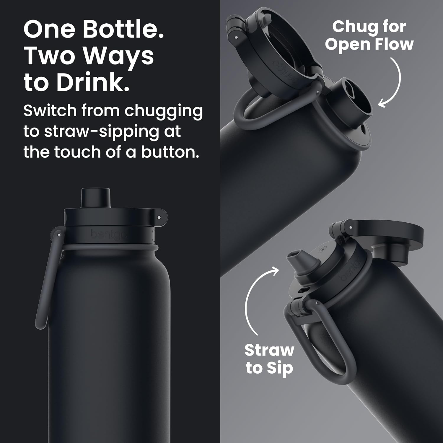 image:imageBentgo Flip 2in1 Straw amp Chug LeakProof Insulated Water Bottle 24 fl ozBack to Black