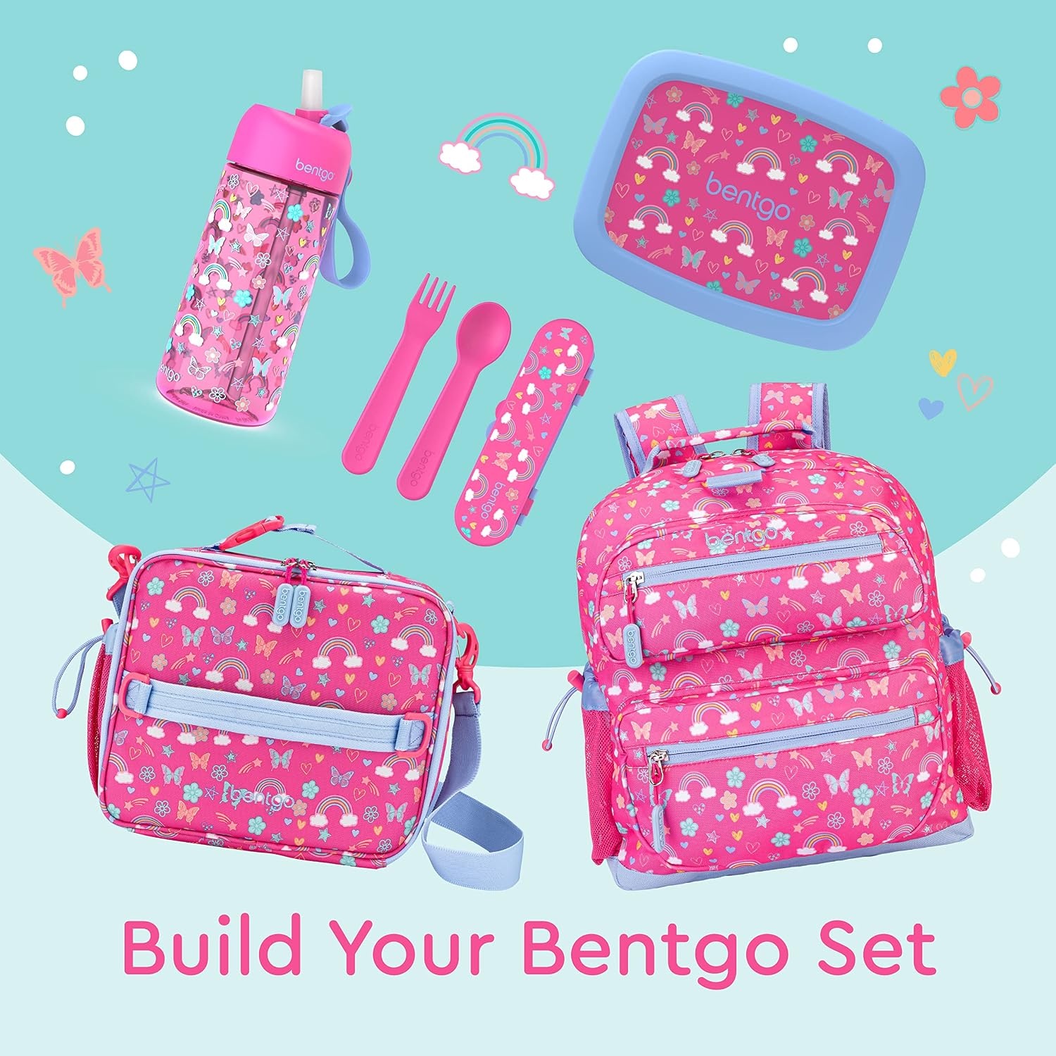 image:imageBentgo Kids Plastic Utensil Set with Fork Spoon amp Storage CaseRainbows and Butterflies