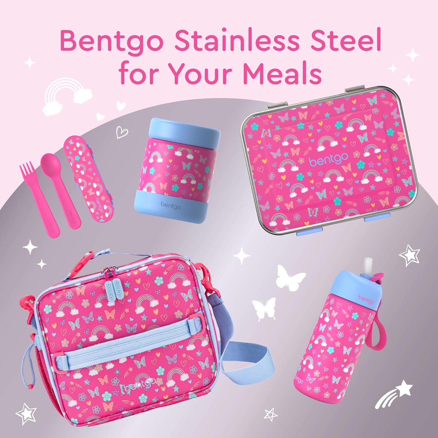 image:imageBentgo Kids Stainless Steel Water Bottle LeakProof 14 oz Bite amp SipRainbows Butterflies